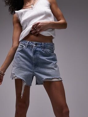 Topshop denim a-line Mom Shorts with rip in vintage blue